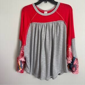 We the Free Friday Fever Bat Wing Flared Sleeve Red/Gray Boho Top Size Medium